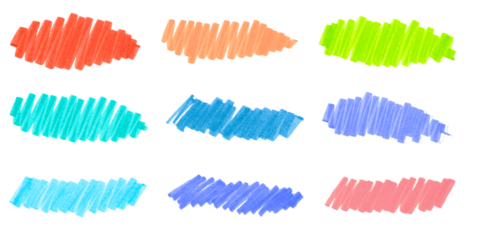 Colorful hand-drawn marker strokes in various shades of red, orange, green, blue, and purple isolated on white background for creative design and artistic purposes