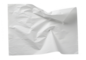A closeup isolated studio shot of a crumpled white sheet of paper with intricate textures and shadows isolated on transparent background