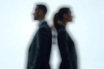 Blurred Man and Woman Standing Back to Back in Suits