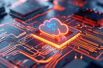Vibrant cloud computing concept featuring glowing cloud icon on circuit board, symbolizing advanced technology and digital innovation