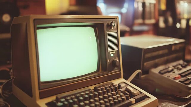 Vintage personal computer displaying green screen in retro setting