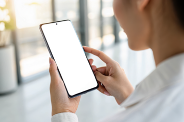Woman holding a smartphone with a blank black screen
