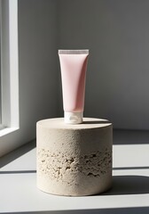 Pink cosmetic tube on a textured stone pedestal with sunlight and shadowplay