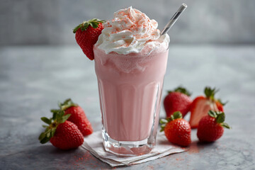 A strawberry milkshake in a glass with whipped cream and fresh strawberries around it