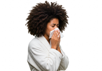 A young woman with curly hair blows her nose with a tissue while wearing a white bathrobe isolated on a transparent background