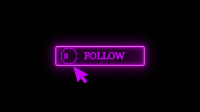 Neon purple follow button with cursor clicking on dark background social media engagement concept