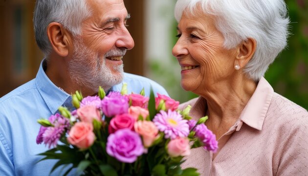 Senior couple embracing, holding colorful flower bouquet, radiating happiness and love during intimate, heartwarming moment of shared connection celebrating anniversary - Powered by Adobe