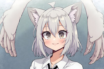 Anime Style Illustration of a Girl with Animal Ears and Large Hands