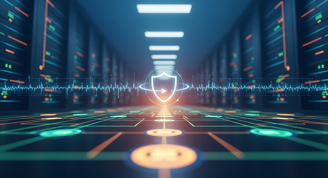 Futuristic data center with glowing shield icon ensuring robust cybersecurity and network protection for digital information.