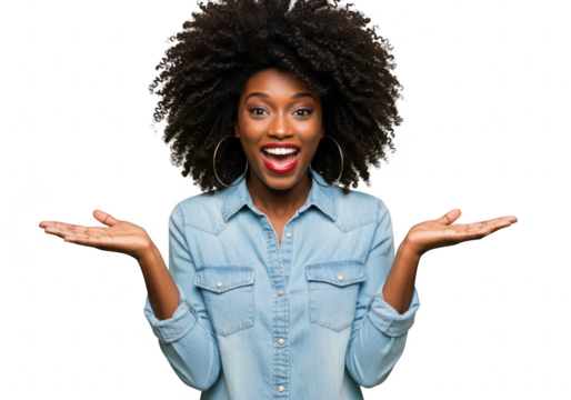 A happy african american woman with natural afro hair smiles with her mouth open and arms outstretched in a denim shirt against a transparent background