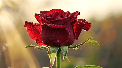Close-up of a vibrant red rose with dew drops, illuminated by soft sunlight in a serene garden