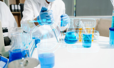 Scientists in a high tech lab conduct research with pipettes and tablets, blending medical innovation, data science, and futuristic digital healthcare technology.