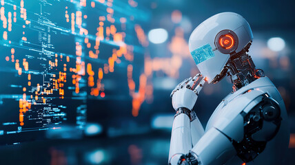 Futuristic robot analyzing data with glowing screens in high tech environment, showcasing advanced technology and artificial intelligence