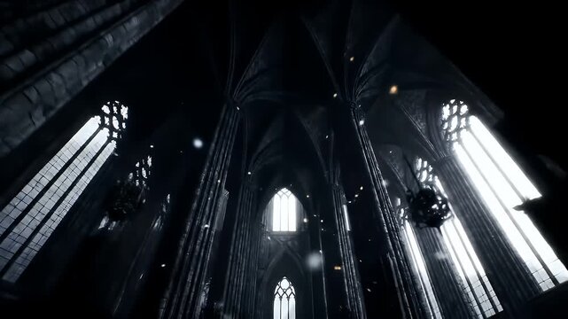Slow upward pan through a dark and majestic gothic cathedral with epic light rays from windows and magical particles floating in the air