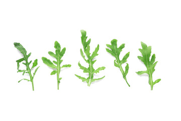 Fresh arugula leaves isolated on white background, closeup