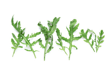 Leaves of fresh arugula isolated on white background, closeup