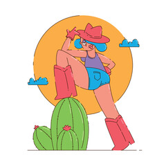 Vector pin up illustration. Cartoon woman in cowboy boots, denim shorts, western red hat put leg on cactus in form of male penis. Cowgirl in Texas. Concept of femininity, feminism, equal human right