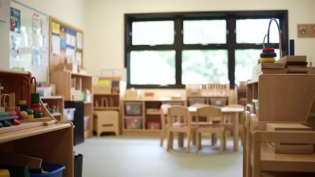 A bright and inviting empty preschool classroom with colorful wooden educational toys neatly arranged on shelves revealed in a slow panning shot