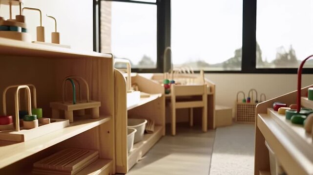 Bright Modern Kindergarten Classroom with Wooden Educational Toys on Shelves A Smooth Pan Shot Revealing a Peaceful Learning Environment