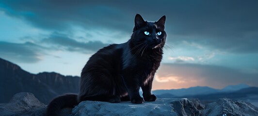 Wide shot, cool black cat with blue eyes, perched atop a monumental, generative AI