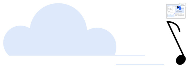 Large light blue cloud with flowing lines, music note, and document icon. Ideal for music apps, cloud storage, digital connectivity, file sharing, media streaming, innovation simple landing page