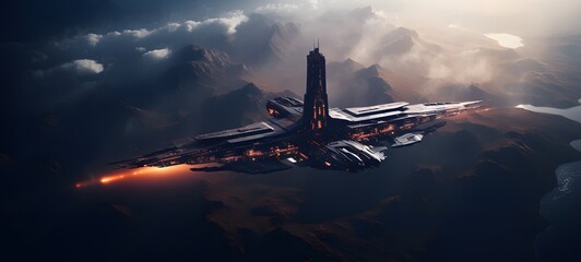 a massive starship based on the design of the Pillar of Autumn from the sky, generative AI