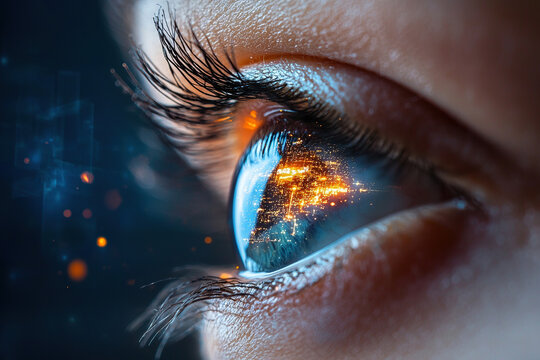 Close up of human eye reflecting digital matrix with vibrant lights and intricate details, showcasing blend of technology and nature