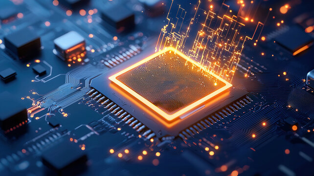 Close up of microchips with glowing circuits, showcasing abstract AI driven design that evokes sense of innovation and technology