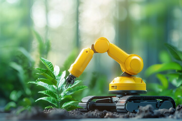 Yellow robotic arm tending to green plant in lush environment, showcasing advanced technology in agriculture and sustainability