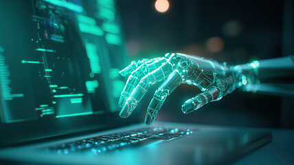 Futuristic robotic hand interacting with holographic keyboard, showcasing advanced technology and innovation in digital environments