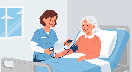 Vector illustration of a nurse performing a health check on an elderly woman in a hospital bed, measuring blood pressure.