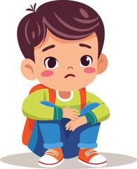 An upset little boy with a backpack sits on the floor, looking sad and lonely.