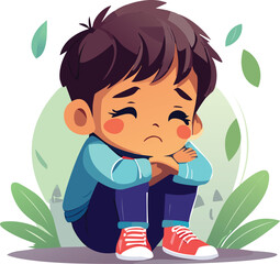 A cartoon boy with dark hair sits hunched over, looking sad and dejected, with a green background and scattered leaves.