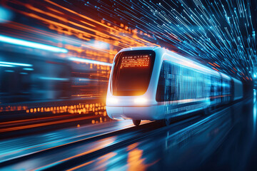 Futuristic train speeding through vibrant urban landscape, showcasing advanced technology and dynamic lighting effects