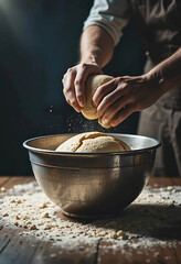 Skilled baker kneading dough in a metal bowl. Close-up of a person's hands carefully kneading dough over a large metal bowl.