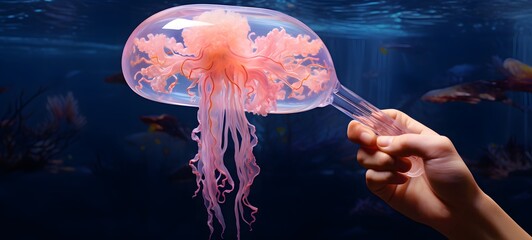 A hand holds a transparent popsicle with a cute dolphin inside, generative AI