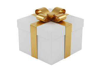 Obraz premium Elegant White Gift Box with Gold Ribbon: Festive Present, Birthday Surprise, Celebration