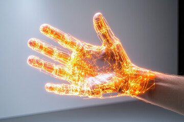 Futuristic hand with glowing lines and nodes, representing technology and innovation, showcasing digital transformation and connectivity