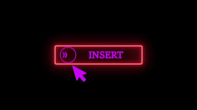 Neon Insert Button Click Action With Cursor Arrow Pointer Glowing Red Frame Purple Text and Icon