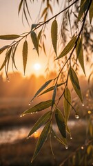 Willow Leaves at Golden Hour – Wet Nature Macro