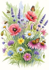 Watercolor meadow bouquet featuring vibrant wildflowers butterflies and buzzing bees delightful