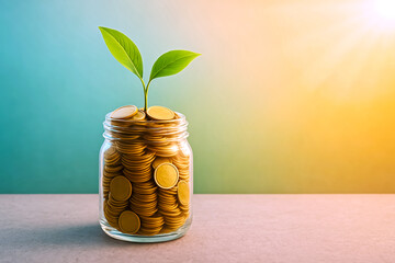 Glass Jar of Gold Coins with Small Plant – Financial Growth and Investment Symbolism on Teal to Warm Orange Gradient Background Representing Wealth, Sustainability, and Economic Hope