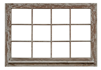 An old weathered wooden window frame with peeling paint and twelve clear panes is isolated on a transparent background