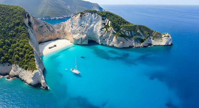 Aerial view of zakynthos greece with turquoise water beach and boat for summer travel destination 100 - Powered by Adobe