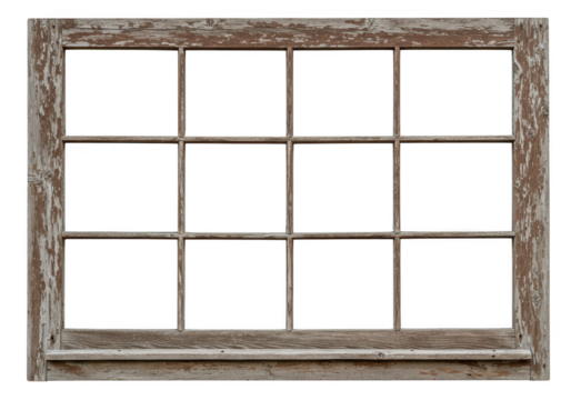 An old weathered wooden window frame with peeling paint and twelve clear panes is isolated on a transparent background