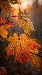 Autumn Maple Leaves with Rain Droplets – Close-Up View