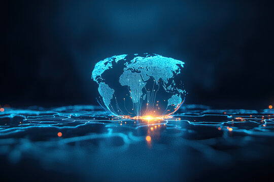 Digital representation of glowing world map, showcasing interconnected lines and nodes, symbolizes global connectivity and technology