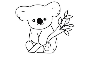 Obraz premium Simple clear black-and-white koala line vector SVG illustration on white background, minimalist design.