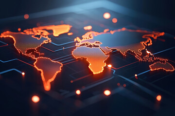 Digital world map with glowing orange lines and dots, representing global connectivity and technology