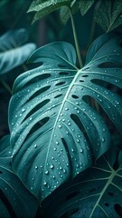 Dark Teal Monstera Leaves with Dew – Hyper-Realistic Botanical Image